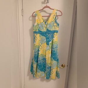 Cato Fit & Flare Lined Geometric/Floral Dress Sz 10 Blue, Green, Yellow & White